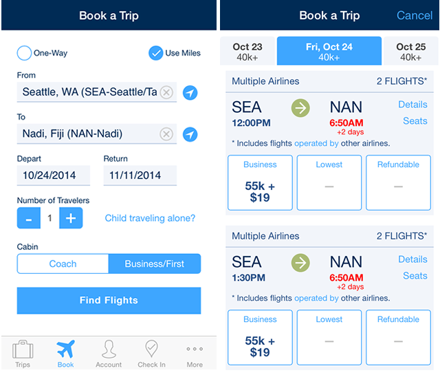 Booking award travel to Fiji with the Alaska Airlines app