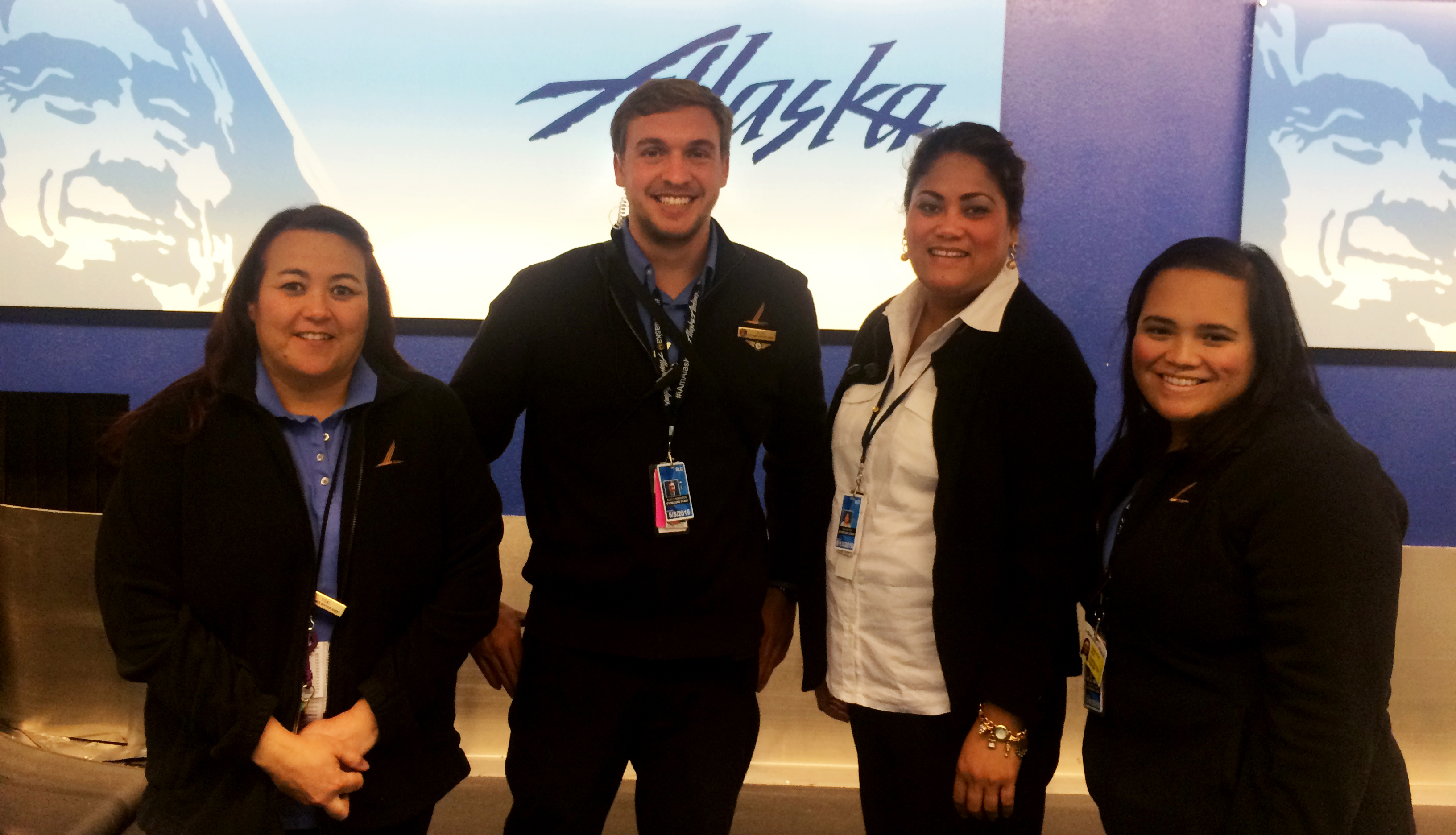 Alaska’s Salt Lake City team helped a customer get home as fast as possible during an emergency. Alec Robinson (second from left) was the ticket-counter lead that day.