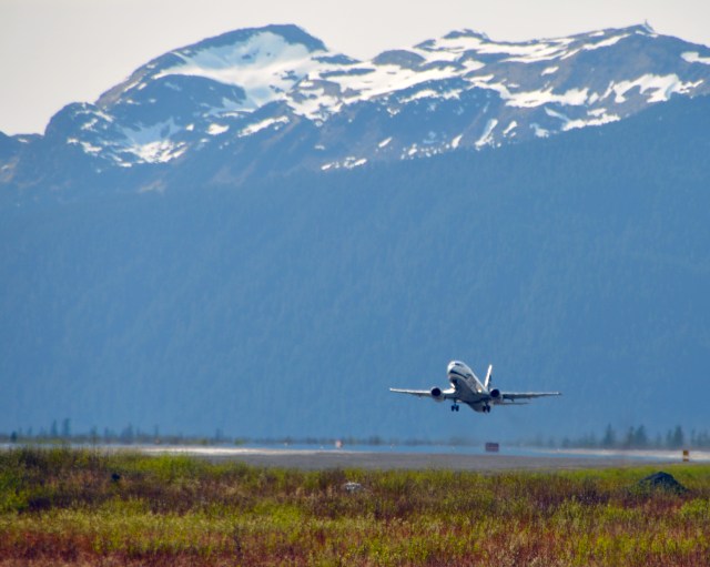 An Alaska Airlines 737 takes off in Cordova, Alaska. 