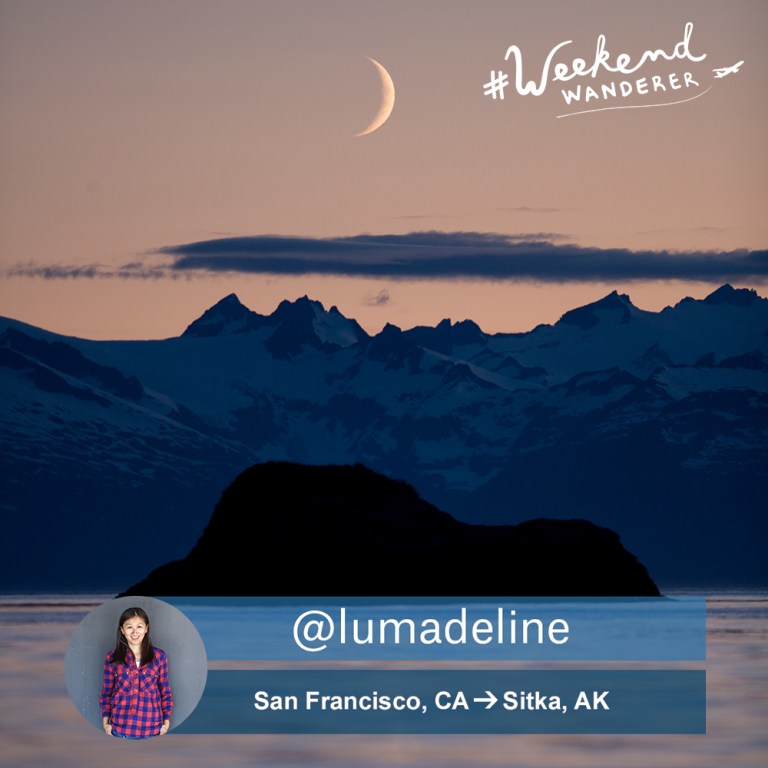 Photo of mountains behind water at sunset with a small photo of Madeline in the bottom left corner.