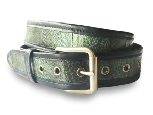 This is a studio photo of a green Alaska salmon leather belt from Tidal Vision.
