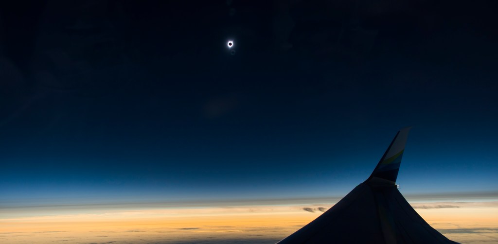 The moment of totality as viewed from Alaska Airlines Great American Eclipse Flight out of Portland, Oregon on August 21, 2017.