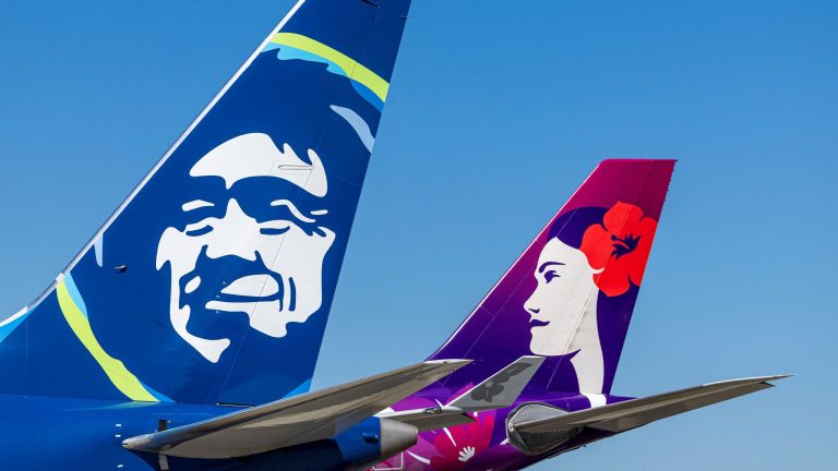 Hawaiian Airlines and Alaska Airlines tails