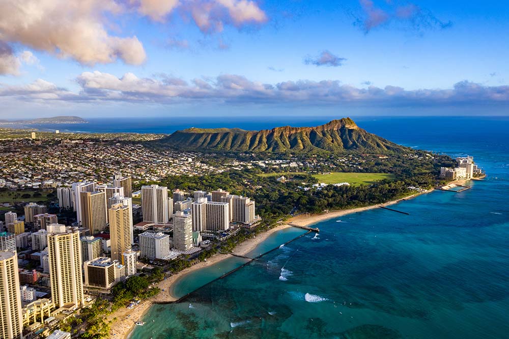 Waikiki skyline with Queen Kapiolani Regional Park, Kuhio Beach,