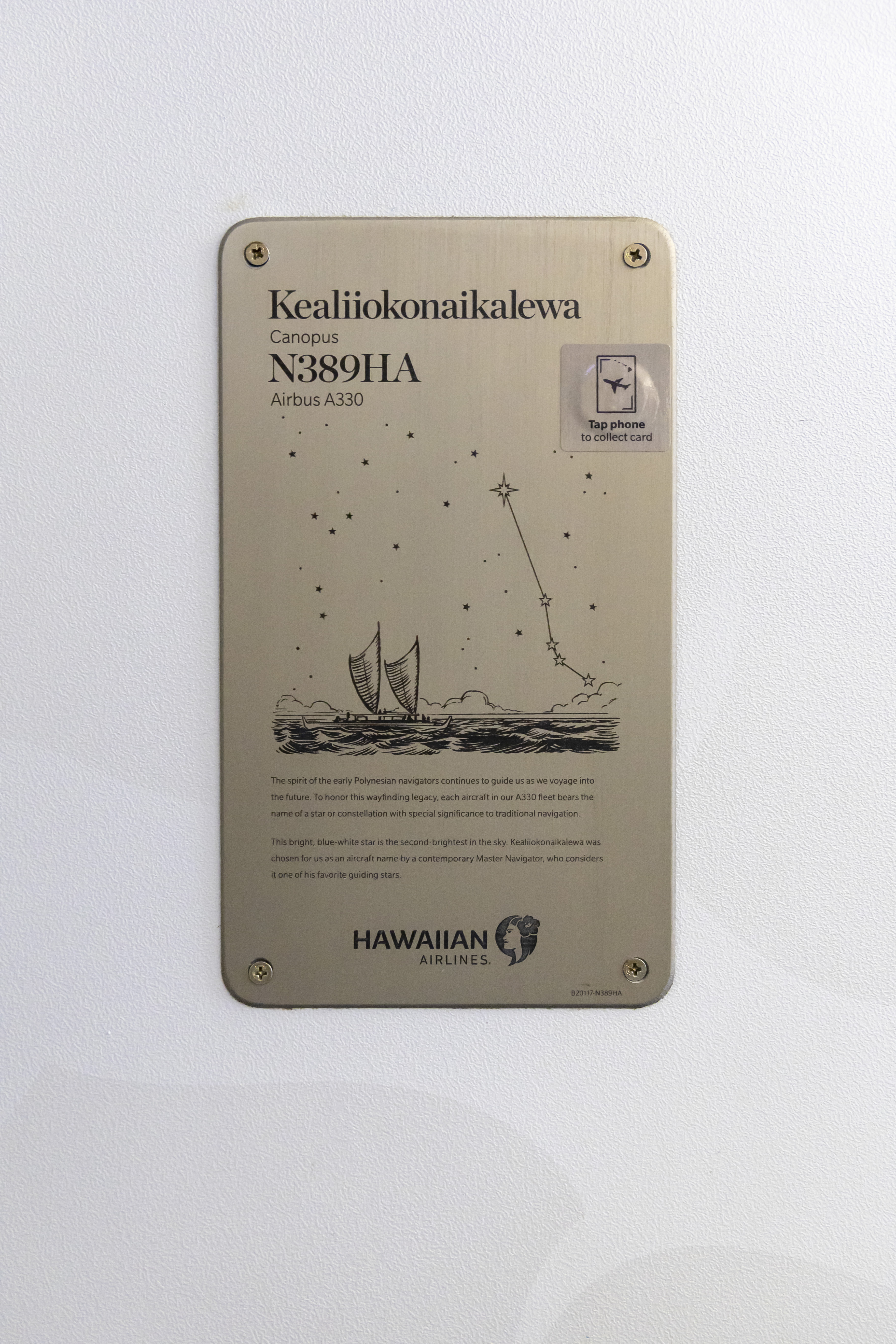Hawaiian Airlines aircraft name plate with NFC tag