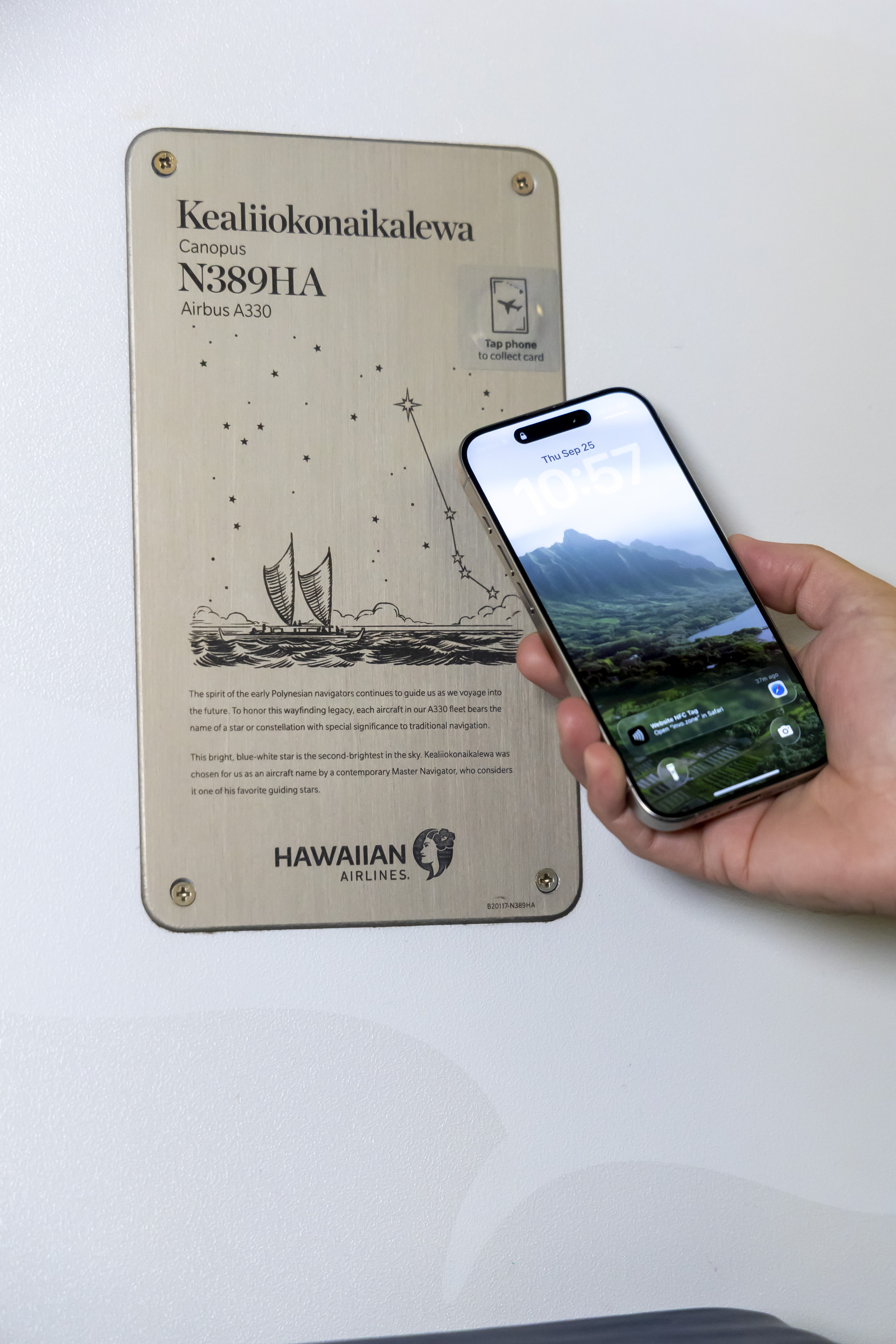 Hawaiian Airlines aircraft name plate with NFC tag