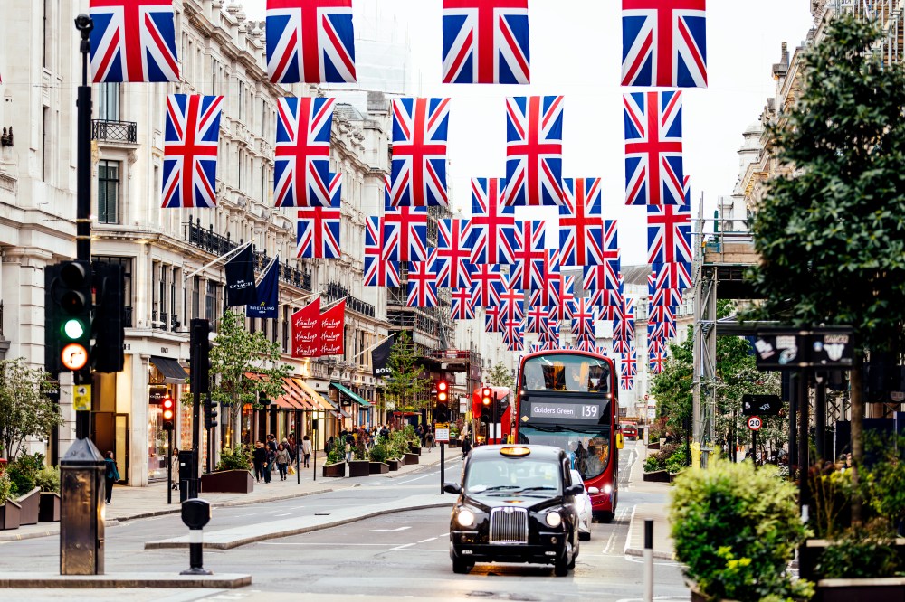 London street with flags hanging