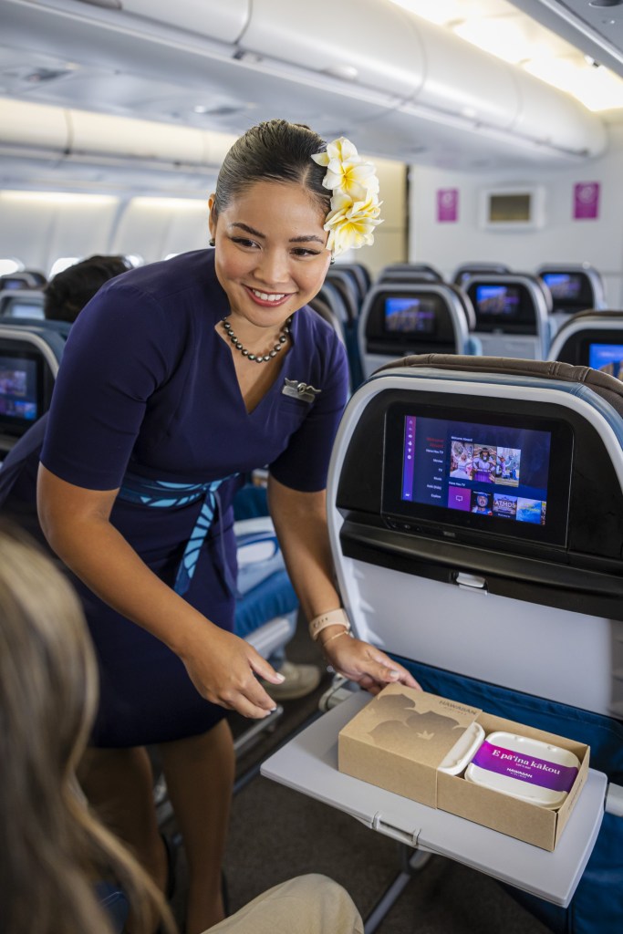 Flight attendant serving the meal